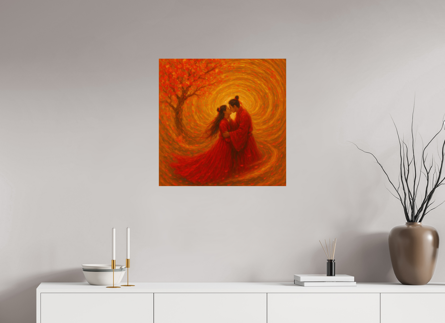 25 x 25″, Giclée printed on Hahnemühle & Canson Fine Art paper Under the Sacred Plum No.2 : The Vow in Flame — Limited Edition Giclée Fine Art Print (Unframed)