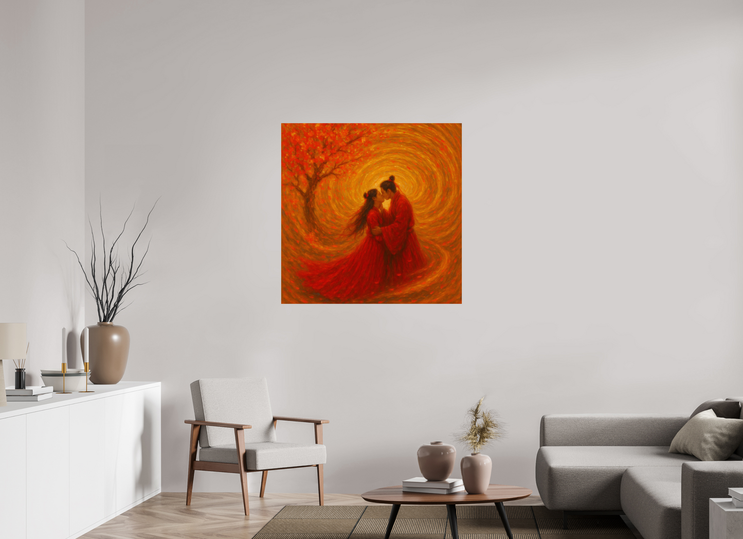 40 x 40″, Giclée printed on Hahnemühle & Canson Fine Art paper Under the Sacred Plum No.2 : The Vow in Flame — Limited Edition Giclée Fine Art Print (Unframed)