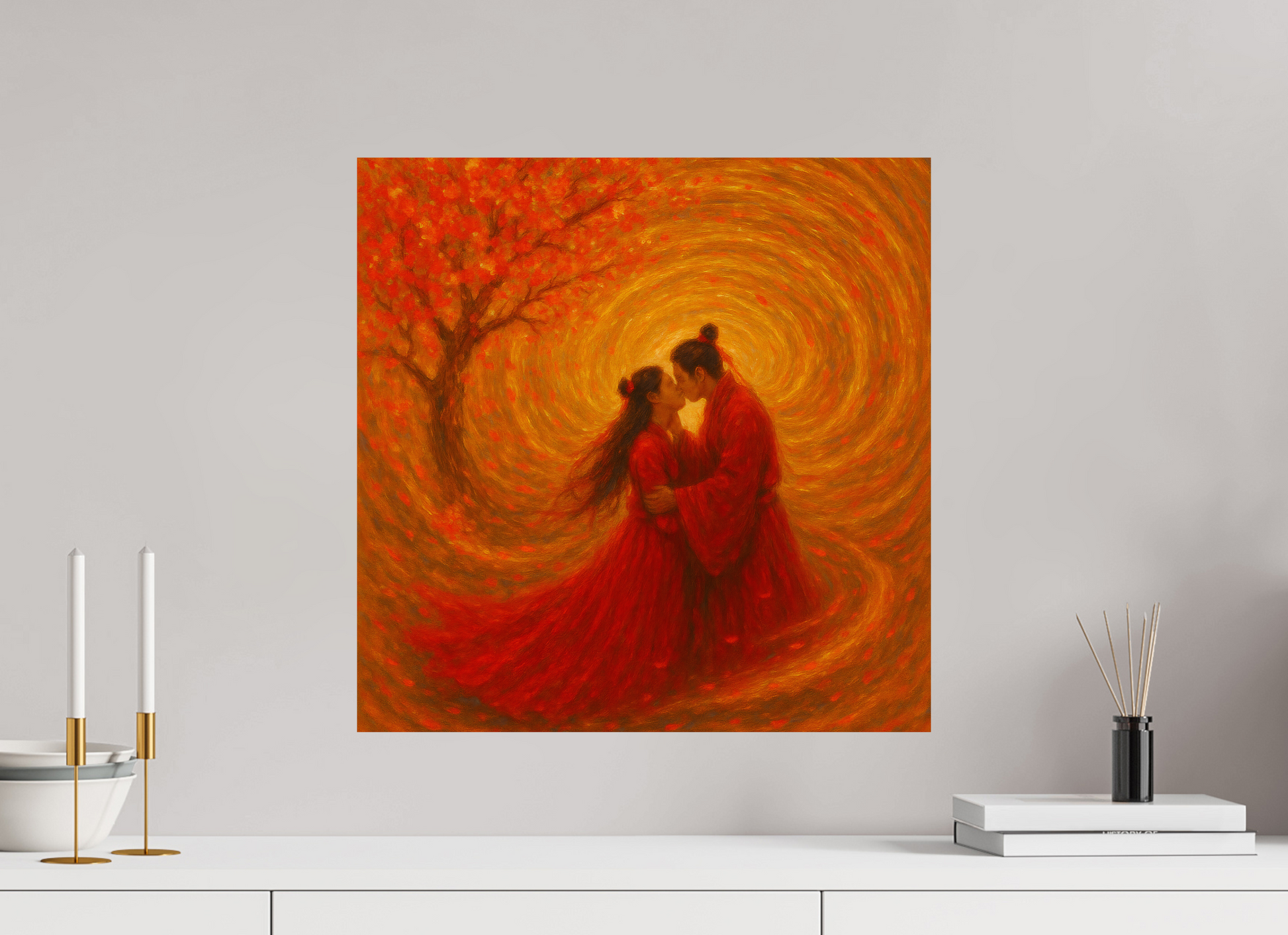 20 x 20″, Giclée printed on Hahnemühle & Canson Fine Art paper Under the Sacred Plum No.2 : The Vow in Flame — Limited Edition Giclée Fine Art Print (Unframed)