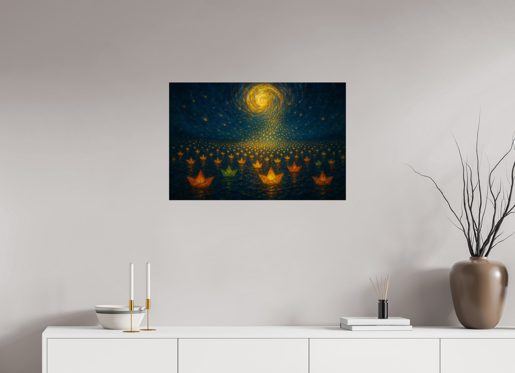 30 x 20″, Giclée printed on Hahnemühle & Canson Fine Art paper Paper Boats, Star Roads : To the Moon, With Every Wish - Giclée Fine Art Print (Unframed)